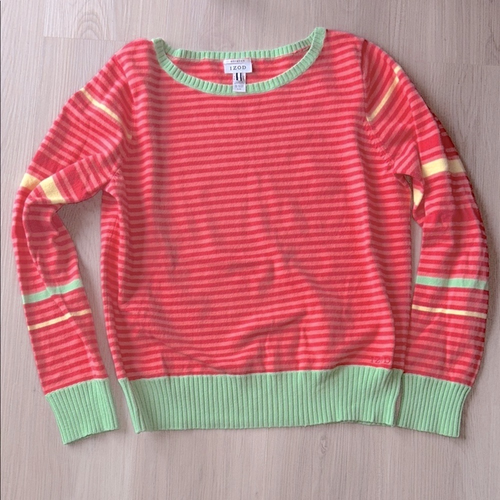 IZOD Striped Women's Sweater L Pink Orange Preppy Colorful Lightweight Casual